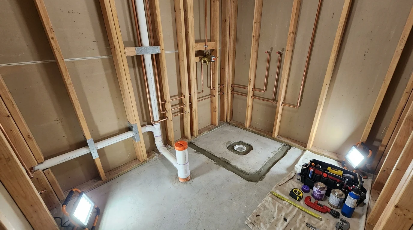 Bathroom rough-in plumbing during remodel by Johns Plumbing LLC in New Iberia