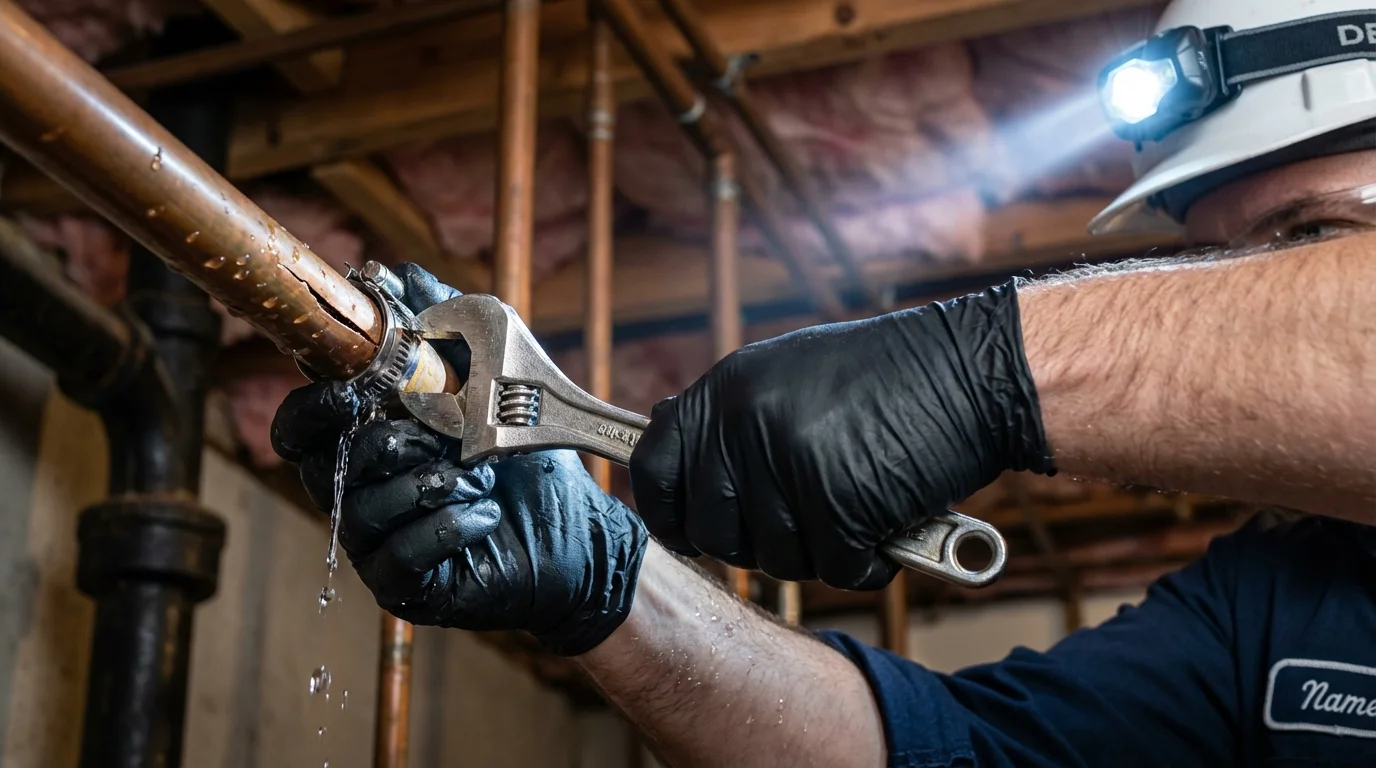 Emergency pipe clamp repair being performed by a Johns Plumbing LLC plumber in New Iberia