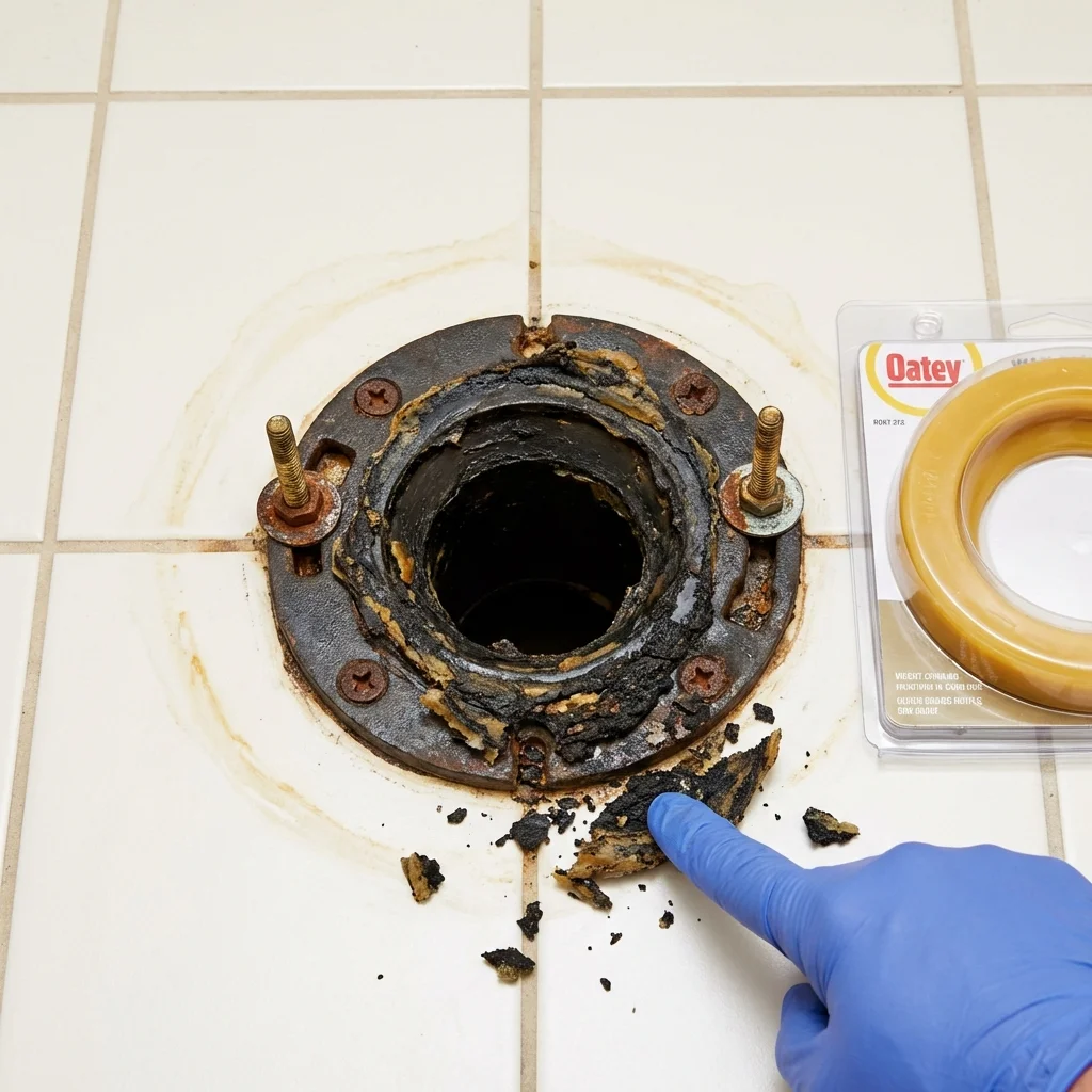 Failed wax ring showing water seepage at the base of a toilet in a New Iberia, LA home