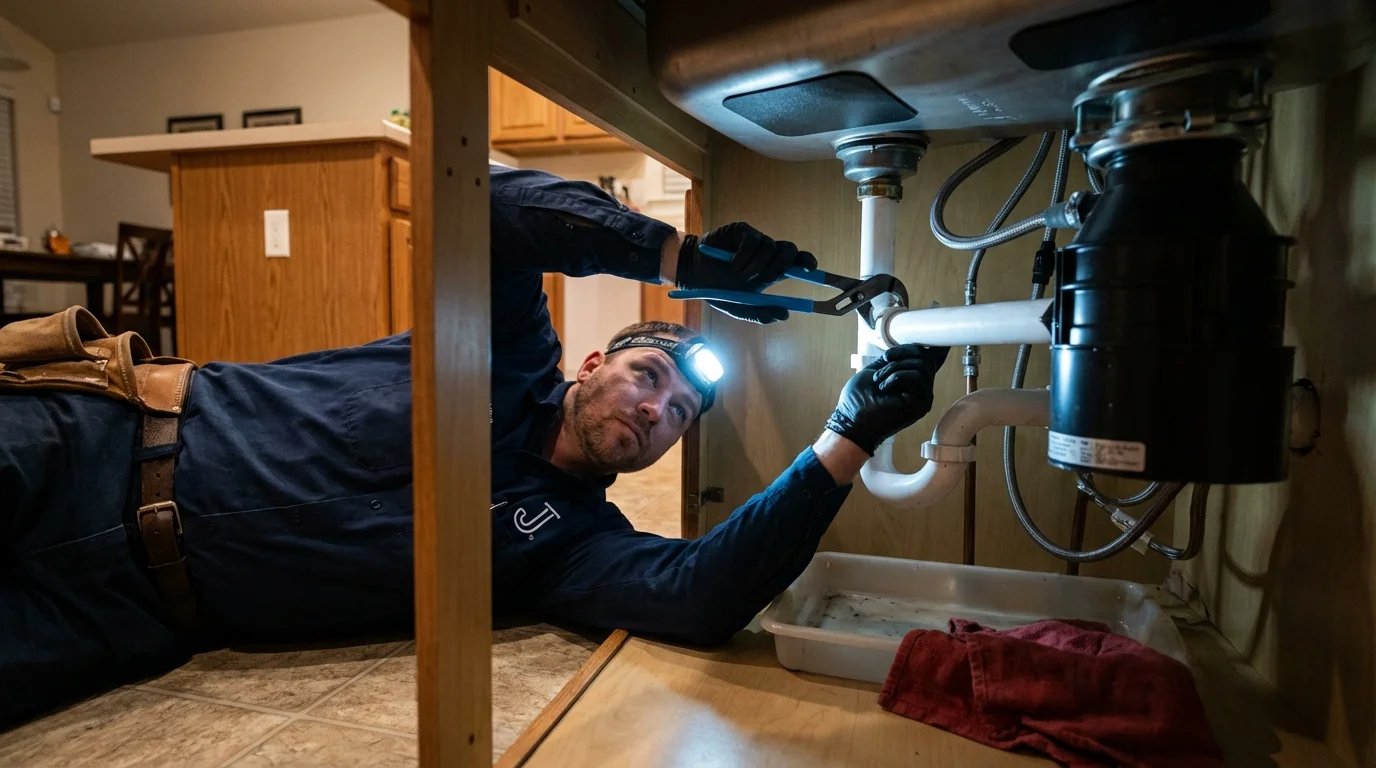 P-trap and supply line connections under a kitchen sink showing a common leak point in New Iberia, LA